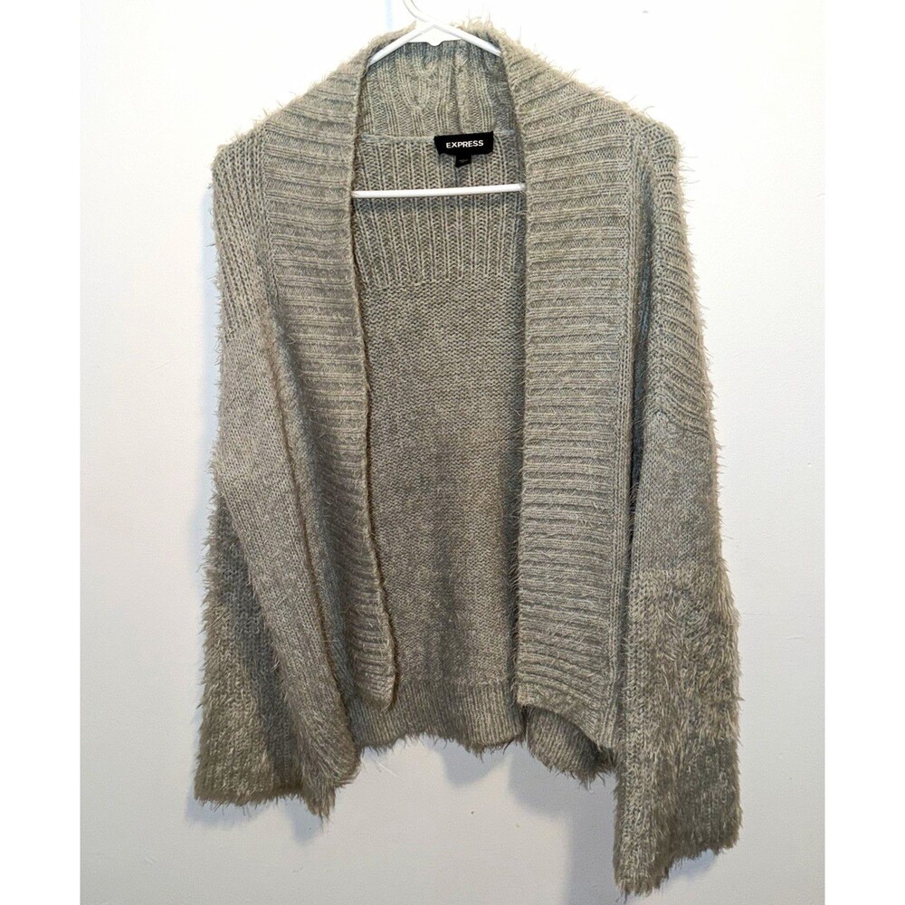Express Women's Gray Solid Knit Shawl Collar Open Front Cardigan Sweater S